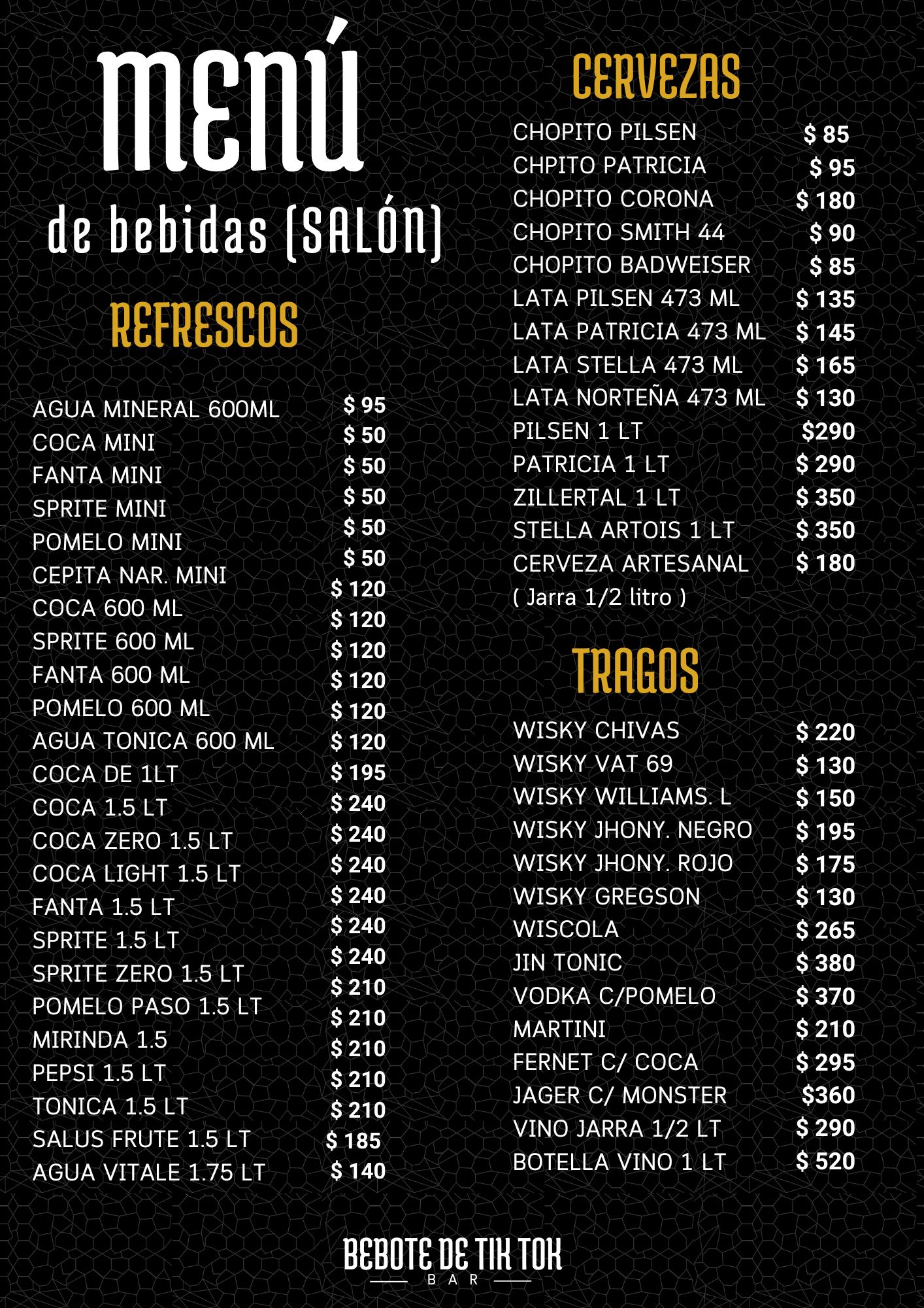 carta bebidas cervezas el bebote De tik tok